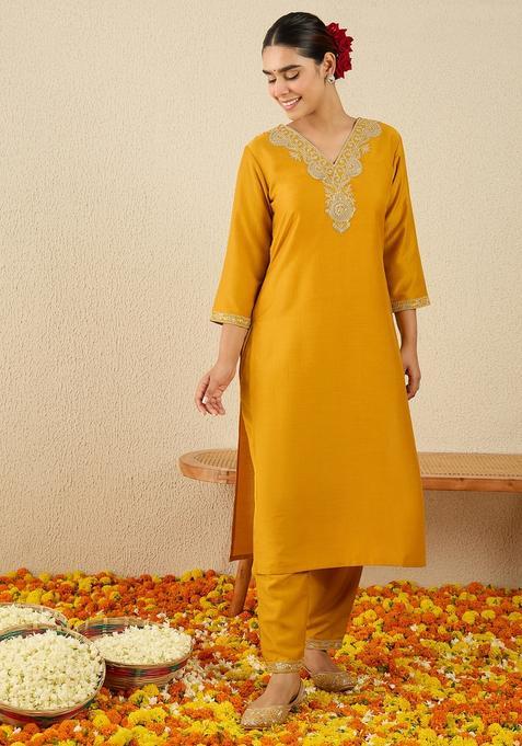 Yellow Embroidery Chinnon Kurta Set