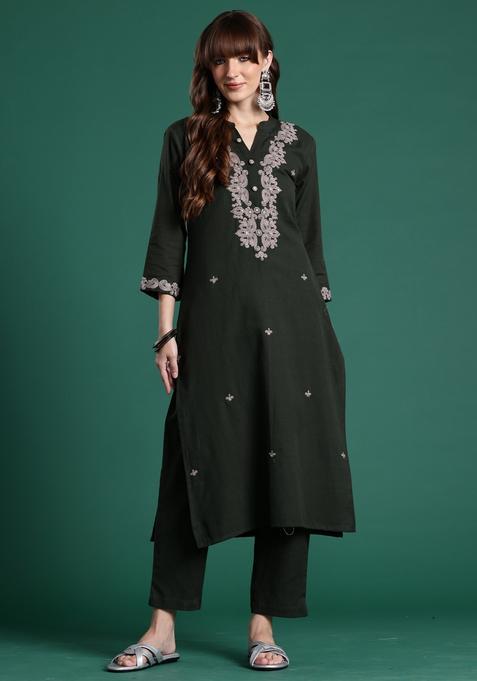 Green Embroidery Cotton Kurta Set