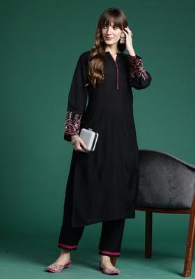 Black Embroidery Cotton Kurta Set