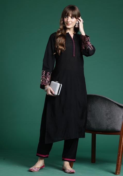 Black Embroidery Cotton Kurta Set