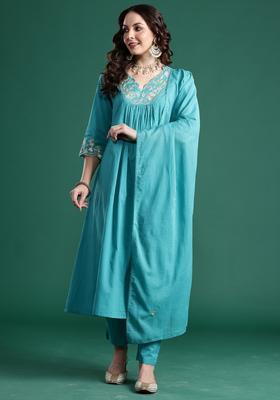 Blue Embroidery Cotton Kurta Set