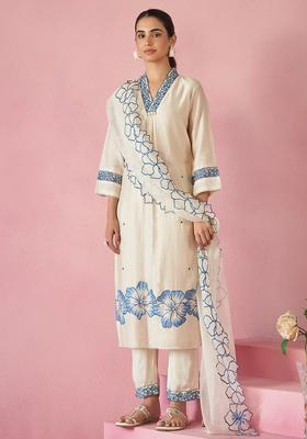 Off White Embroidery Silk Blend Kurta Set