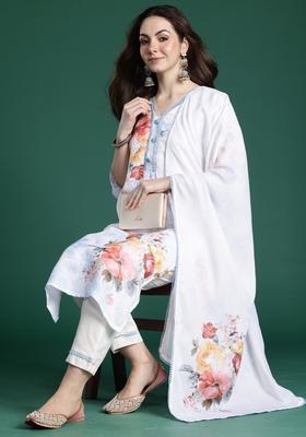 White Embroidery Linen Kurta Set