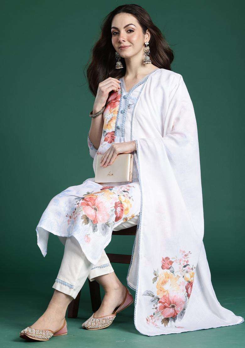 White Embroidered Linen Straight Kurta Set - Indya