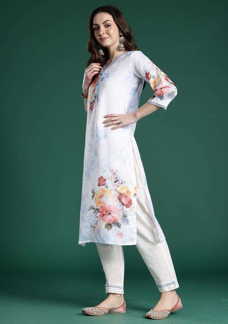 White Embroidered Linen Straight Kurta Set - Indya