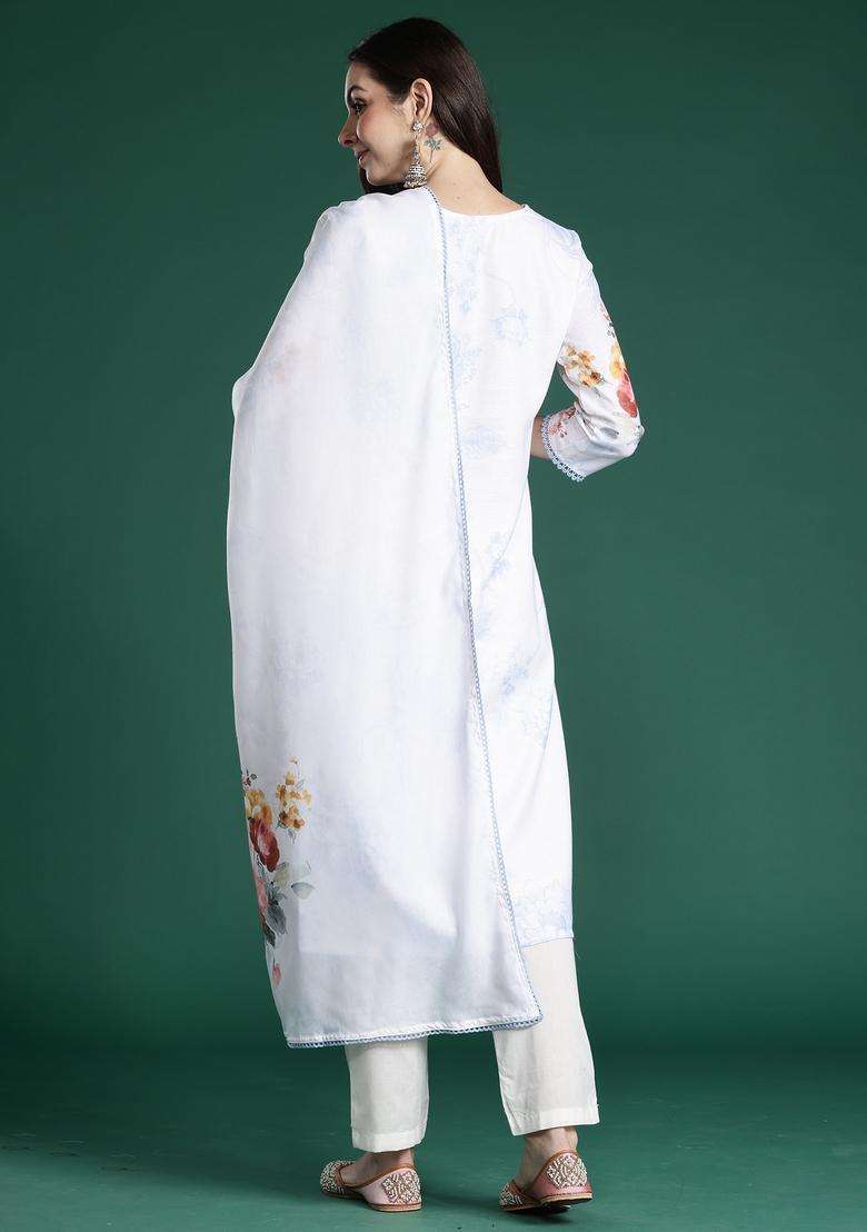 White Embroidered Linen Straight Kurta Set - Indya
