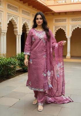 Mauve Embroidery Silk Blend Kurta Set