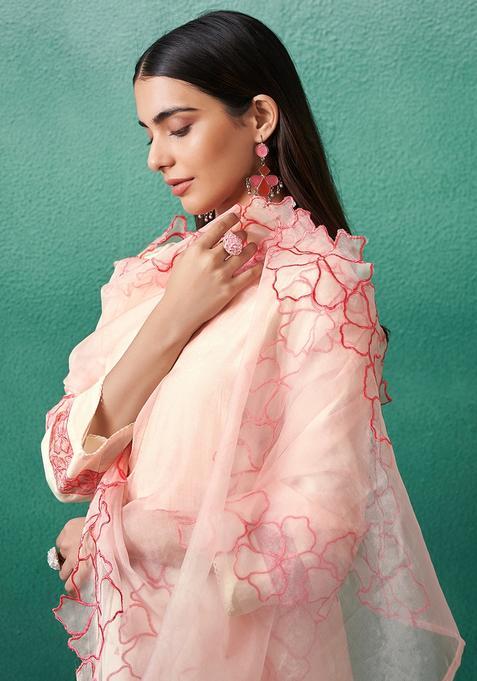 Off White Embroidery Silk Blend Kurta Set