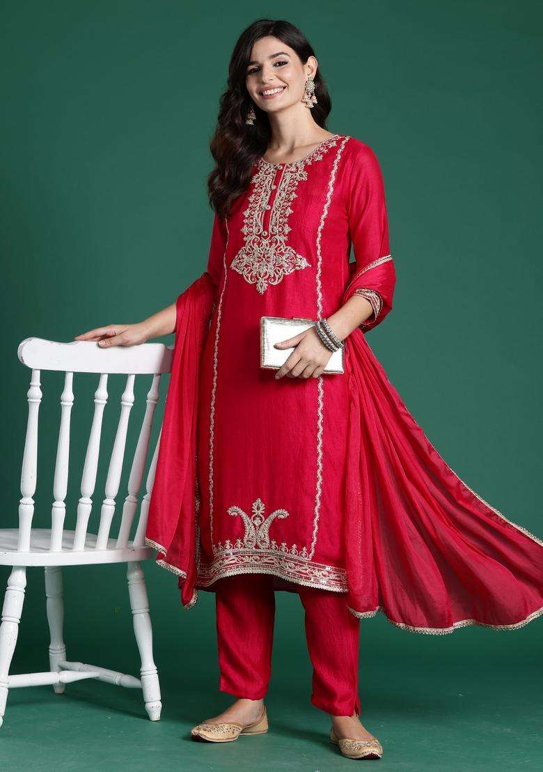 Magenta Embroidered Blended A Line Kurta Set - Indya