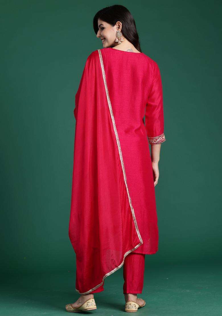 Magenta Embroidered Blended A Line Kurta Set - Indya