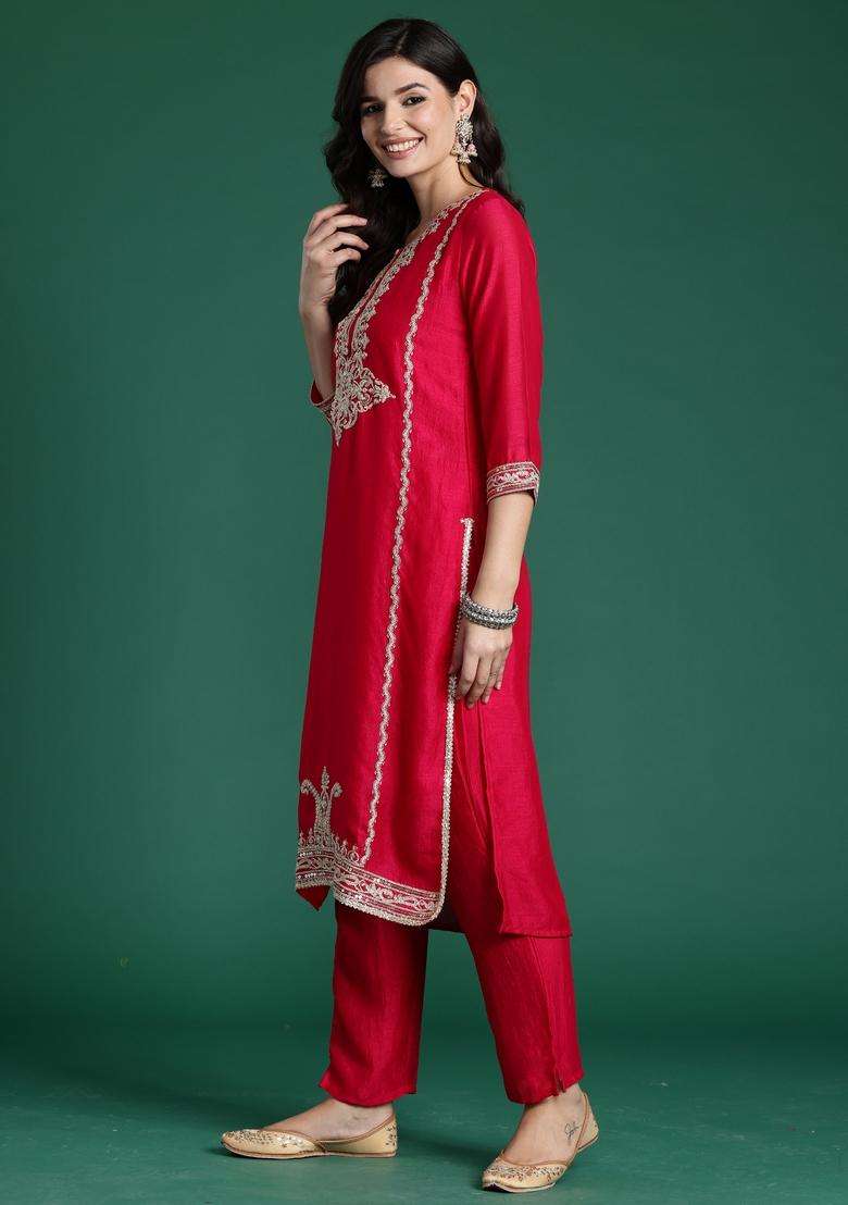 Magenta Embroidered Blended A Line Kurta Set - Indya