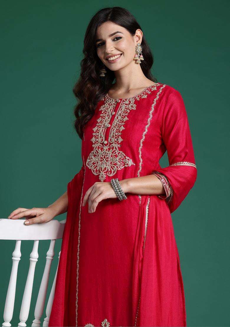 Magenta Embroidered Blended A Line Kurta Set - Indya
