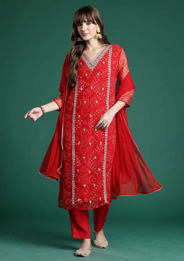Red Bandhani Silk Straight Kurta Set - Indya
