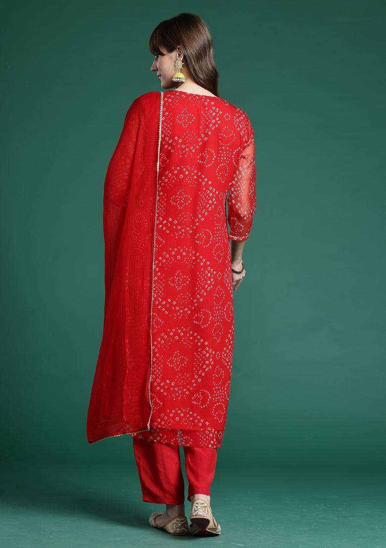 Red Bandhani Silk Straight Kurta Set - Indya
