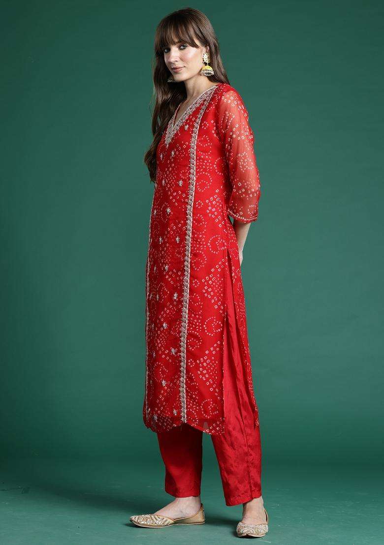 Red Bandhani Silk Straight Kurta Set - Indya