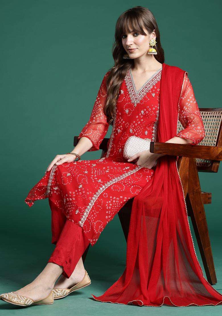 Red Bandhani Silk Straight Kurta Set - Indya