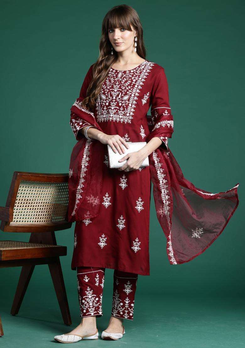 Maroon Embroidered Rayon Straight Kurta Set - Indya