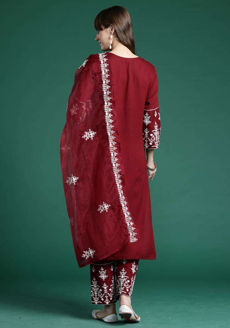 Maroon Embroidered Rayon Straight Kurta Set - Indya
