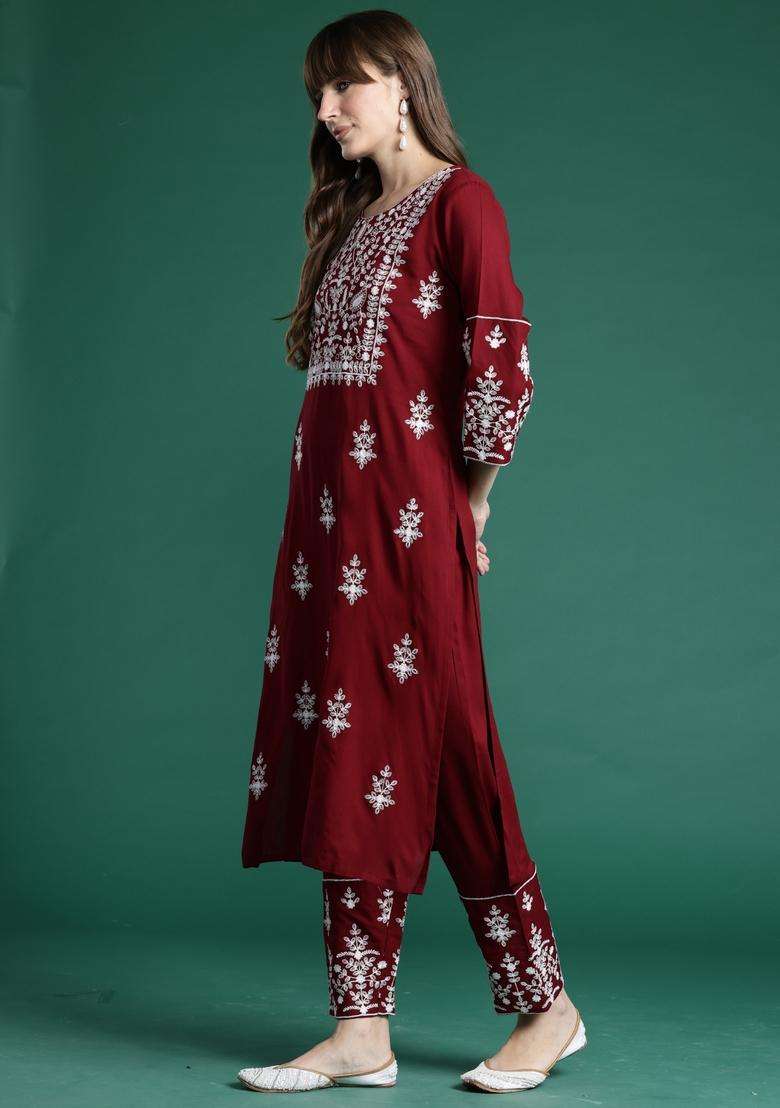 Maroon Embroidered Rayon Straight Kurta Set - Indya
