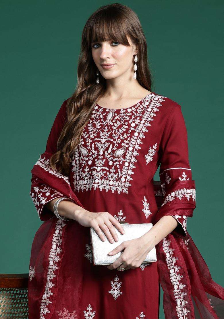 Maroon Embroidered Rayon Straight Kurta Set - Indya