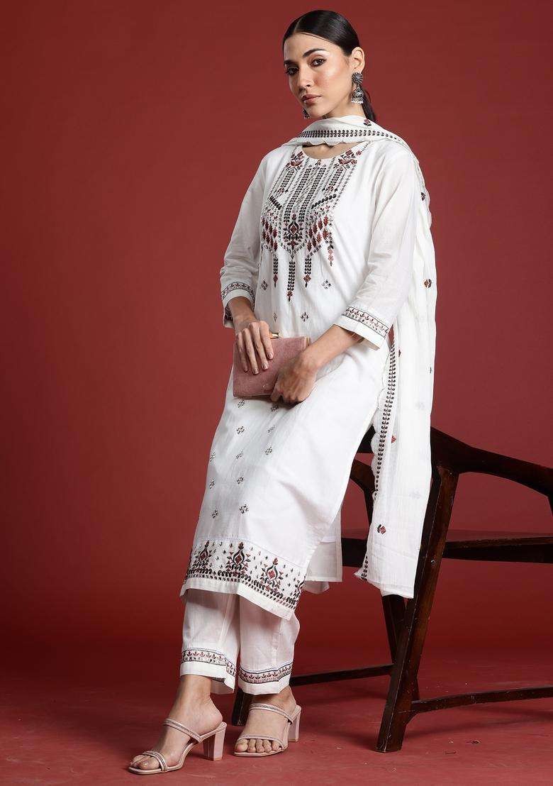 White Embroidered Cotton Straight Kurta Set - Indya