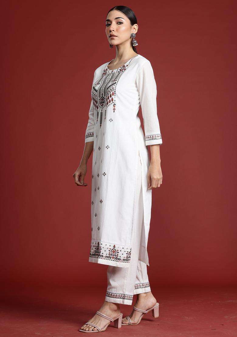 White Embroidered Cotton Straight Kurta Set - Indya