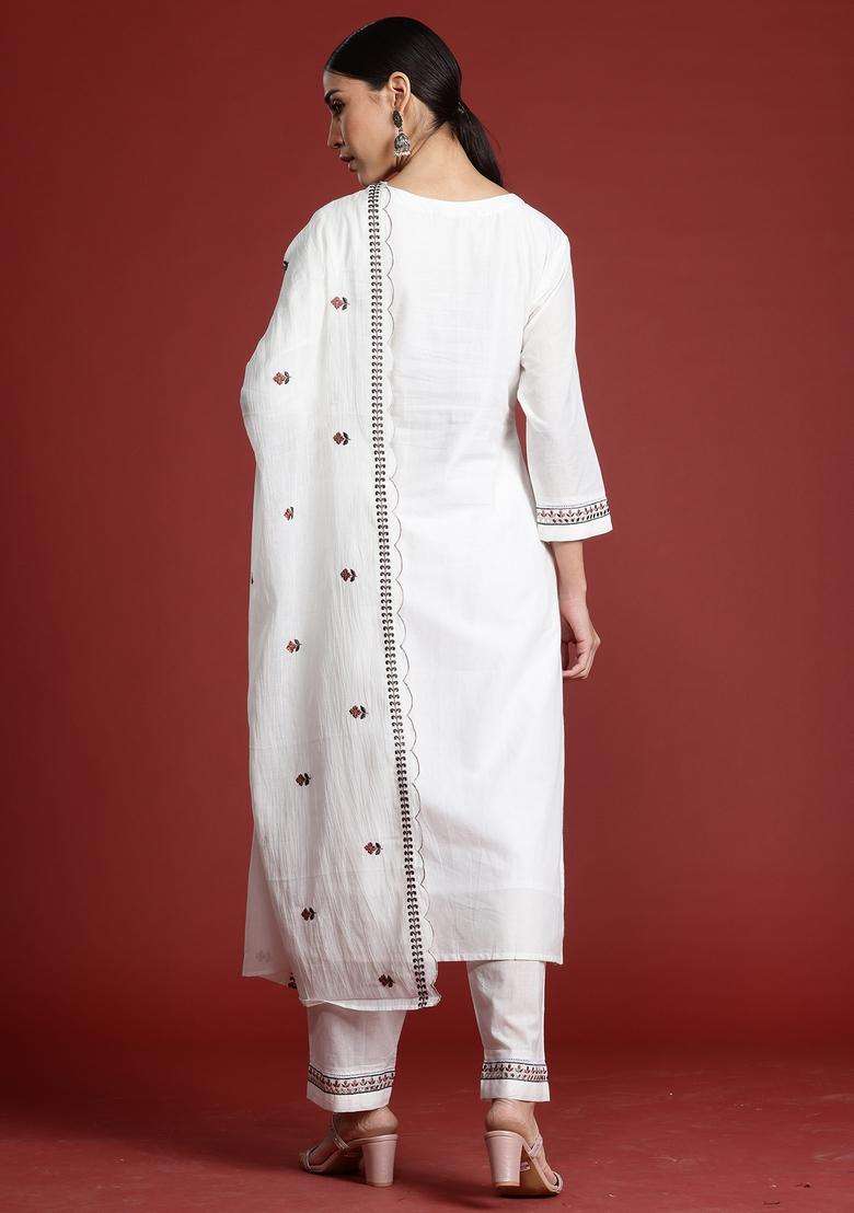 White Embroidered Cotton Straight Kurta Set - Indya