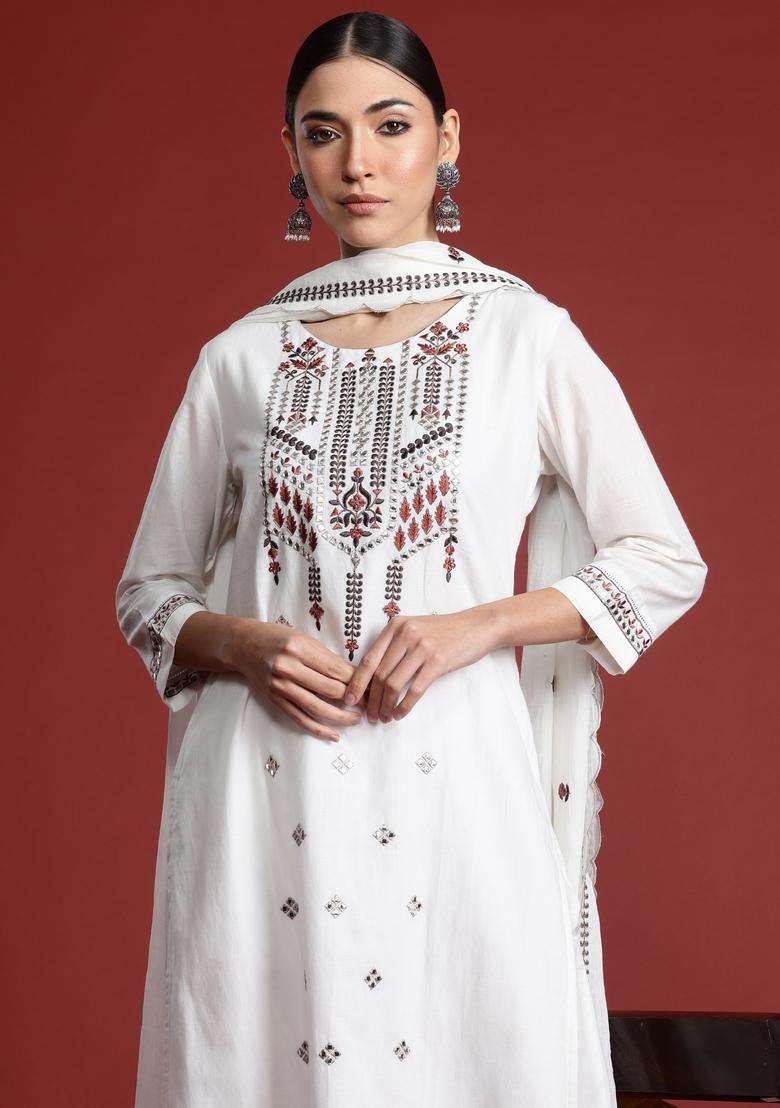 White Embroidered Cotton Straight Kurta Set - Indya