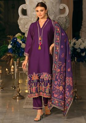 Purple Embroidery Silk Blend Kurta Set