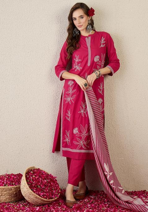 Pink Embroidery Cotton Kurta Set