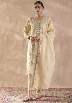 Beige Embroidery Cotton Kurta Set