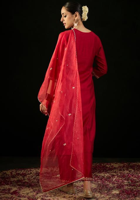 Red Embroidery Liva Kurta Set