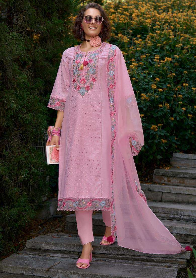 Pink Embroidered Cotton Straight Kurta Set - Indya