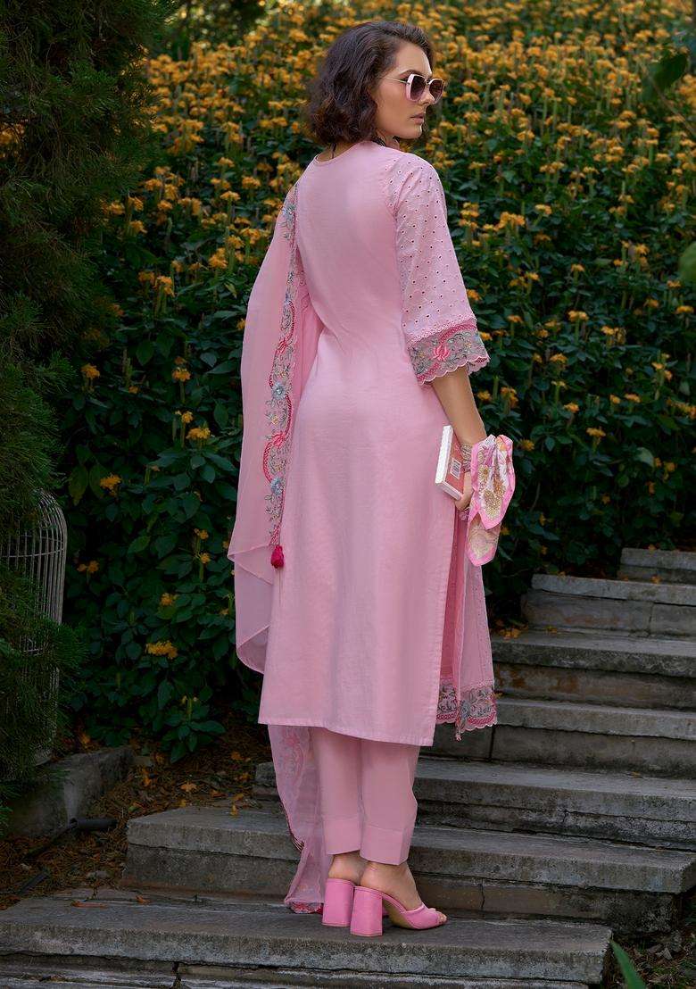 Pink Embroidered Cotton Straight Kurta Set - Indya