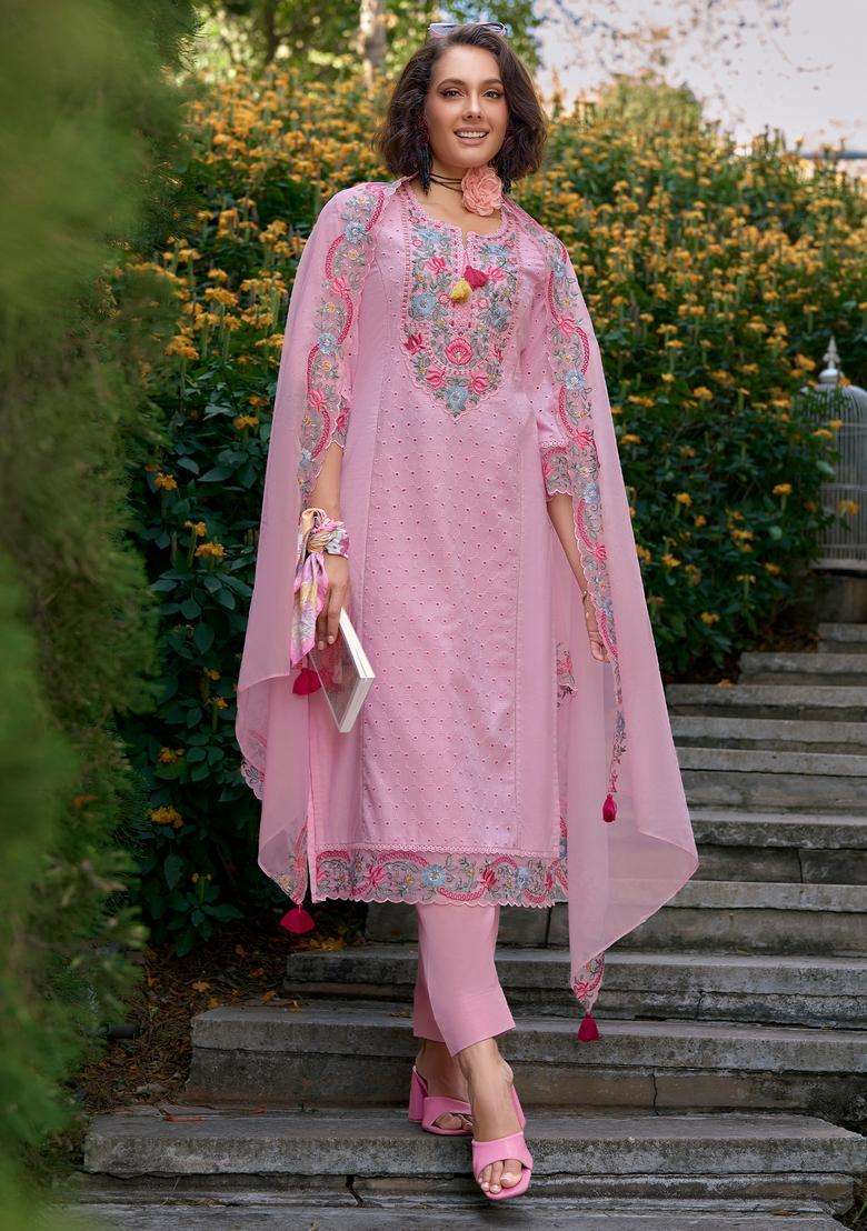 Pink Embroidered Cotton Straight Kurta Set - Indya