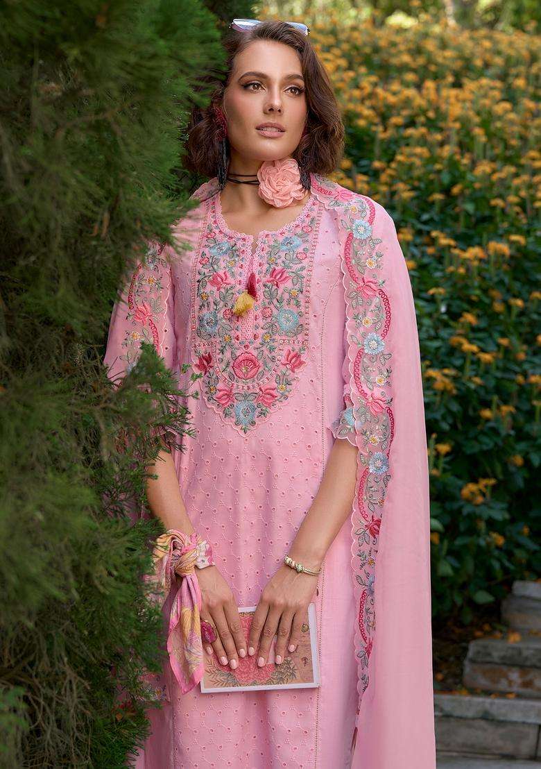Pink Embroidered Cotton Straight Kurta Set - Indya