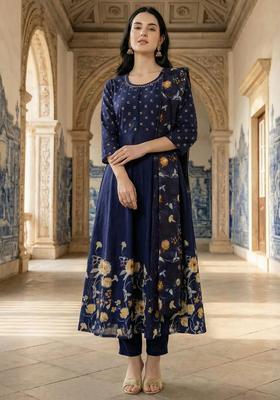 Blue Printed Cotton A Line Kurta Set