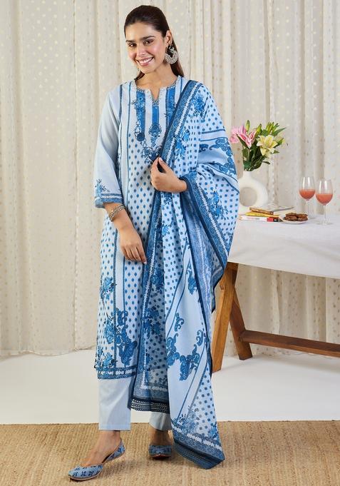 Blue Embroidery Cotton Kurta Set