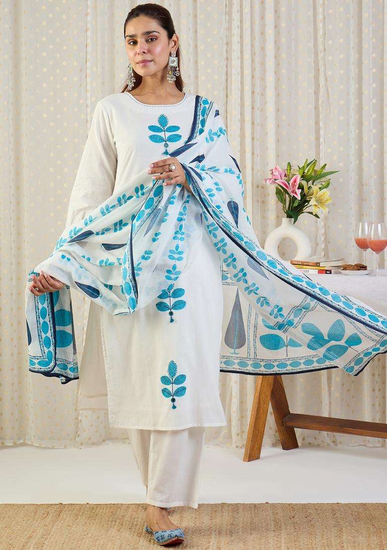 White Embroidered Cotton Straight Kurta Set - Indya