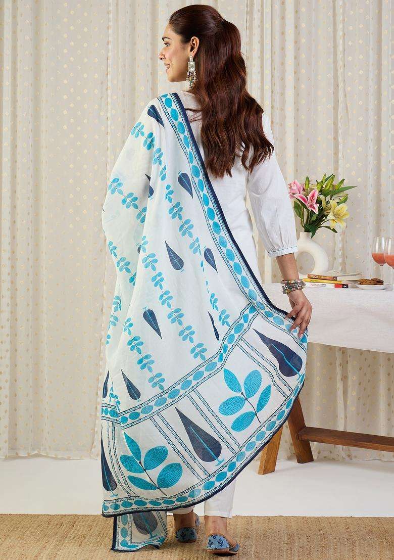 White Embroidered Cotton Straight Kurta Set - Indya