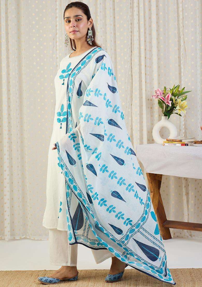 White Embroidered Cotton Straight Kurta Set - Indya