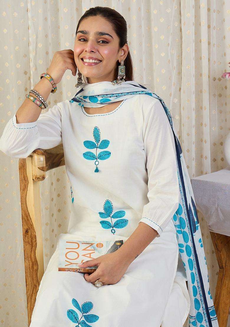 White Embroidered Cotton Straight Kurta Set - Indya