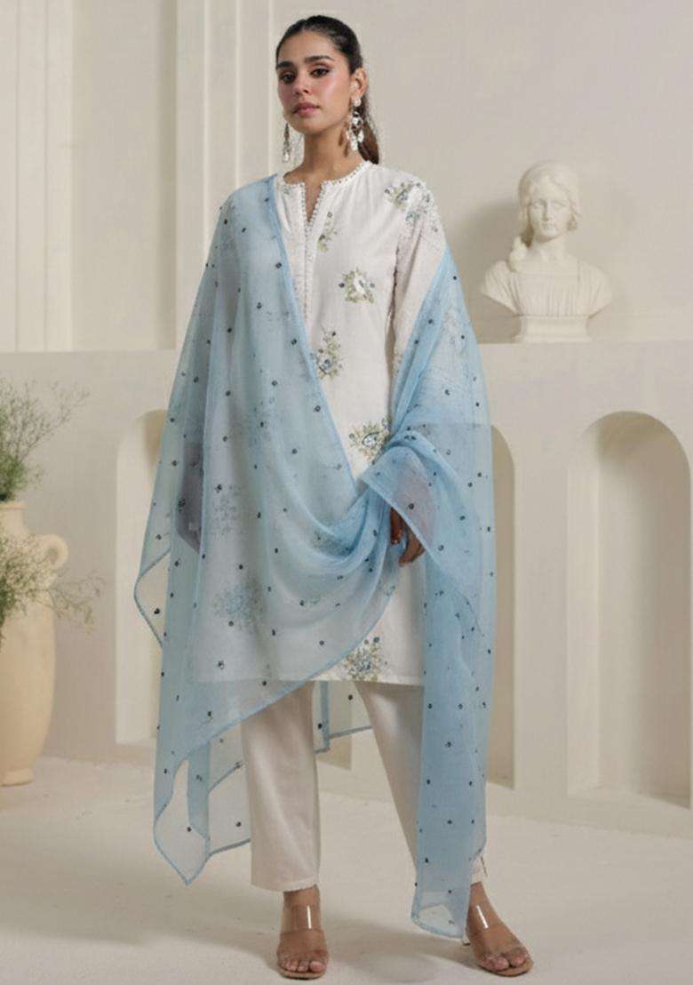 Off White Embroidered Cotton Straight Kurta Set - Indya