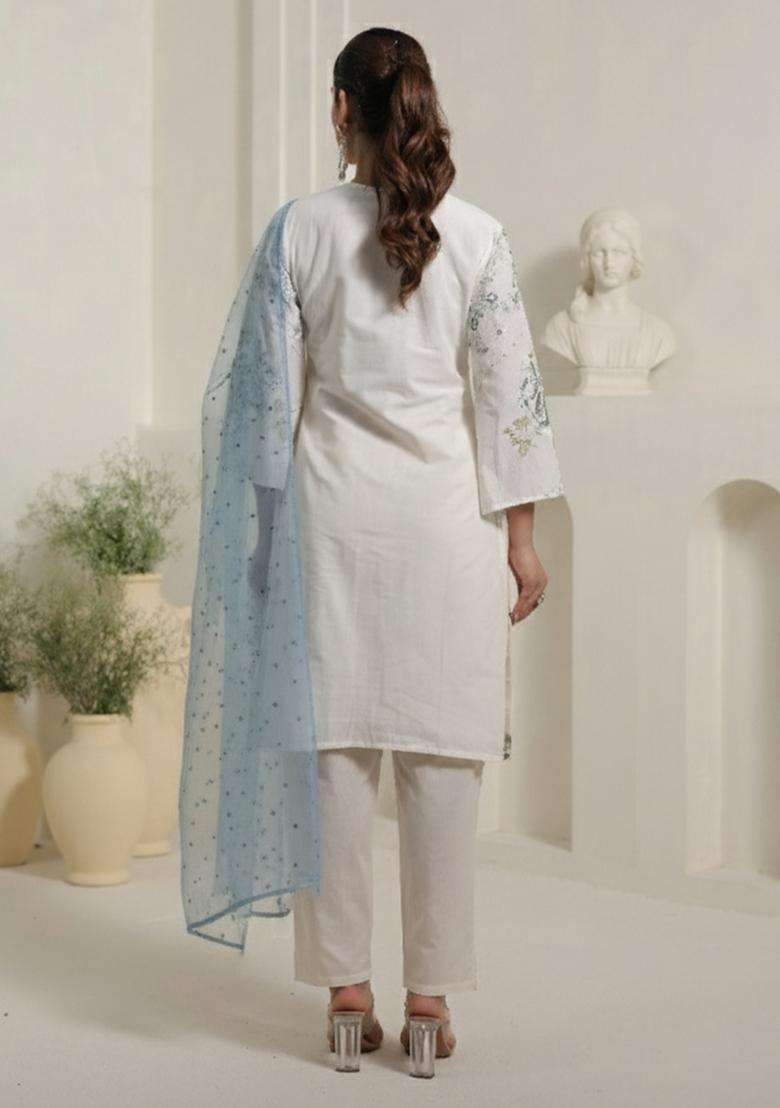 Off White Embroidered Cotton Straight Kurta Set - Indya