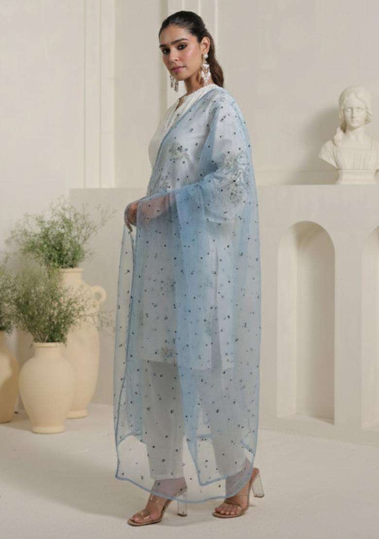 Off White Embroidered Cotton Straight Kurta Set - Indya