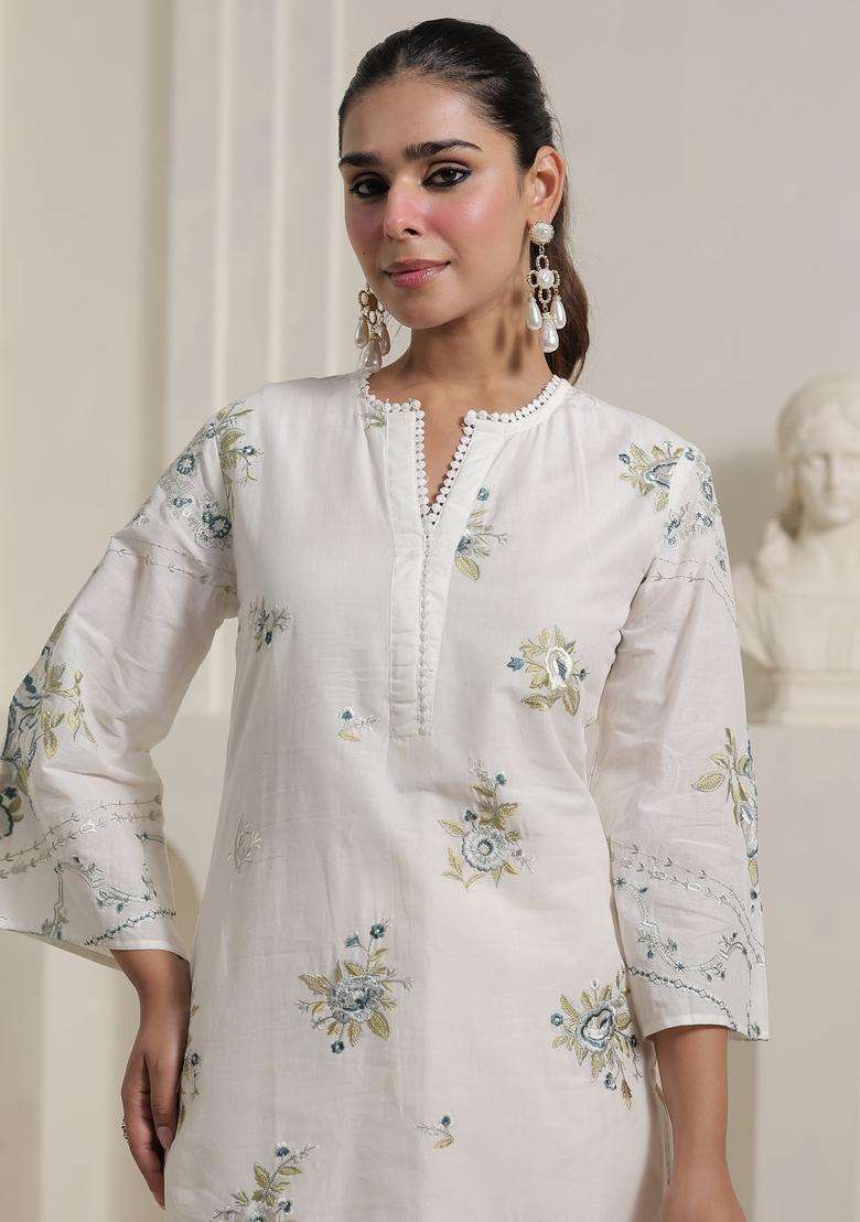 Off White Embroidered Cotton Straight Kurta Set - Indya