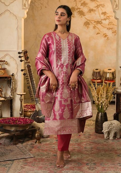 Pink Embroidery Silk Blend Kurta Set