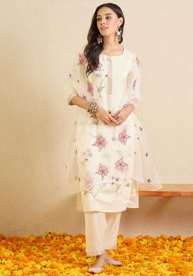 Off White Embroidery Silk Blend Kurta Set