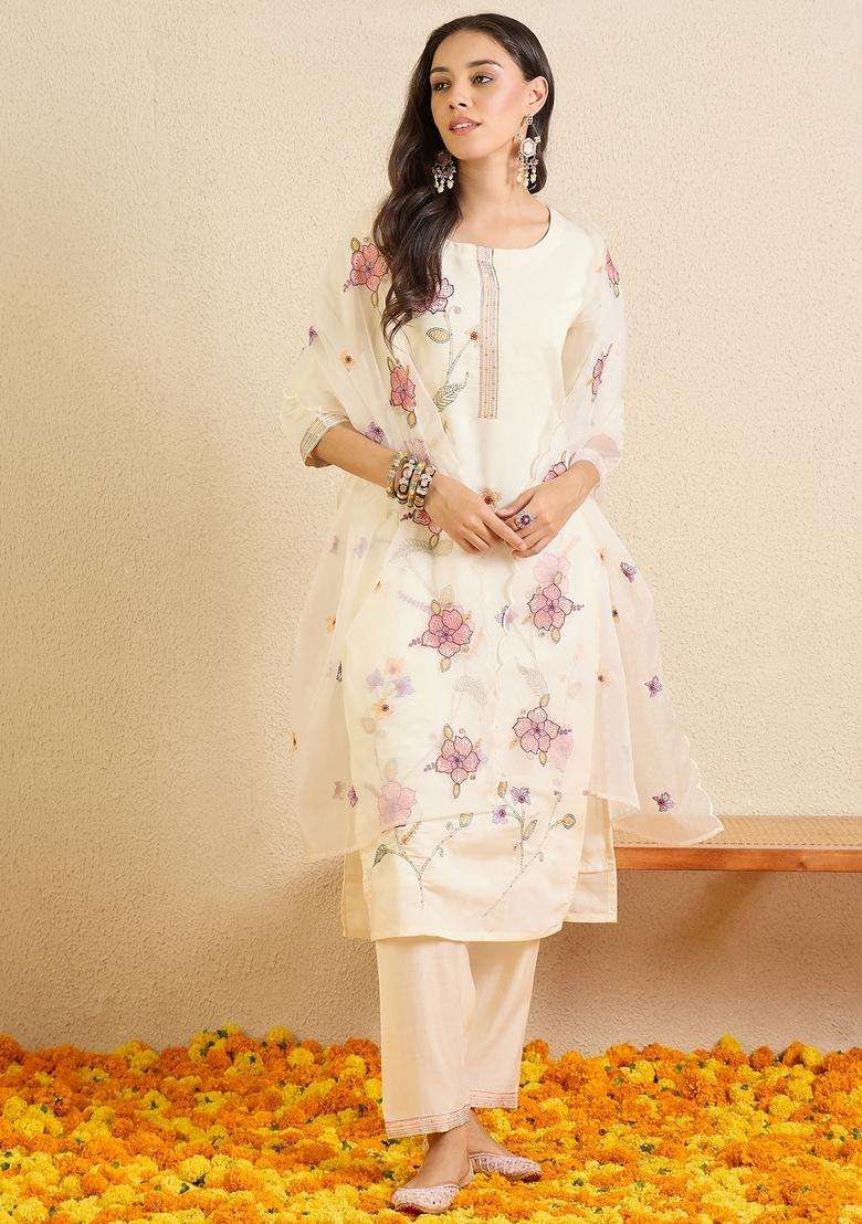 Off White Embroidered Silk Straight Kurta Set - Indya
