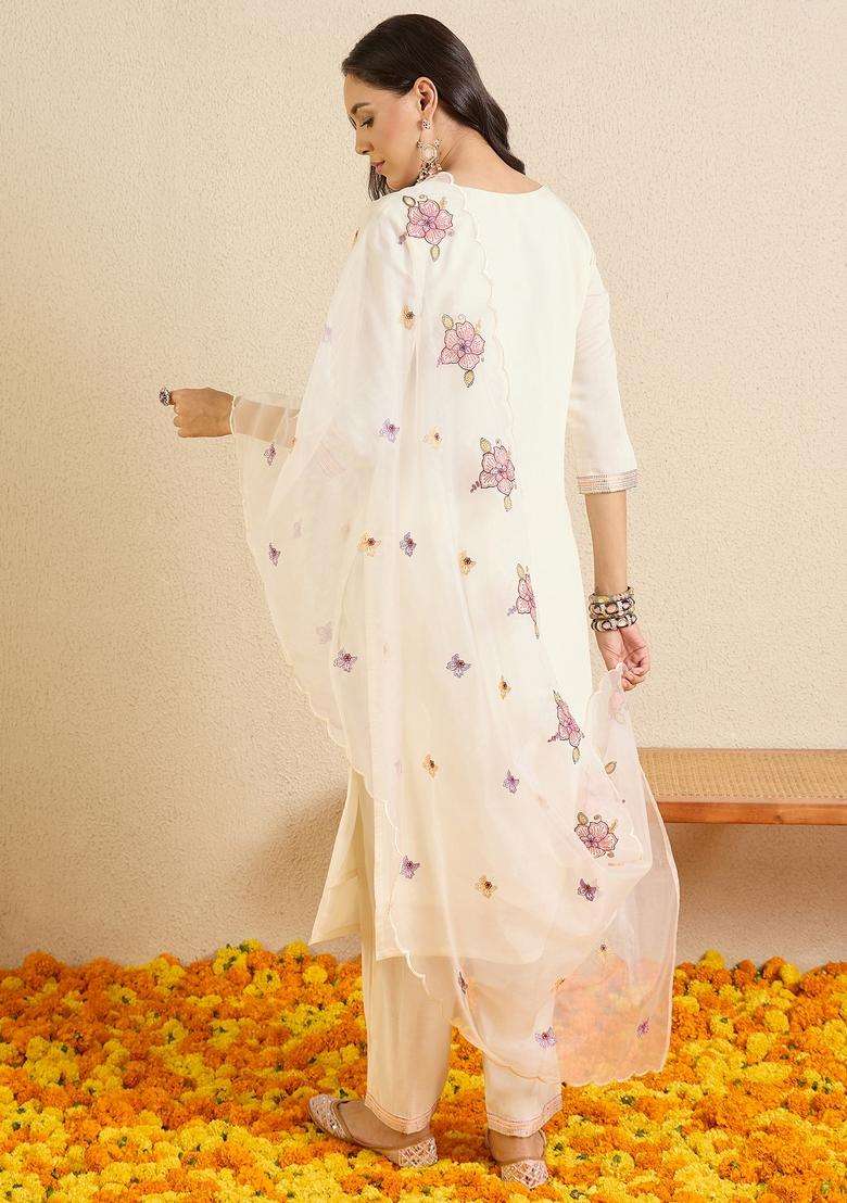 Off White Embroidered Silk Straight Kurta Set - Indya